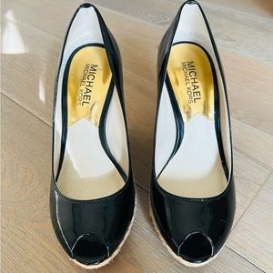 Black Patent Peep Toe Wedge Espadrille